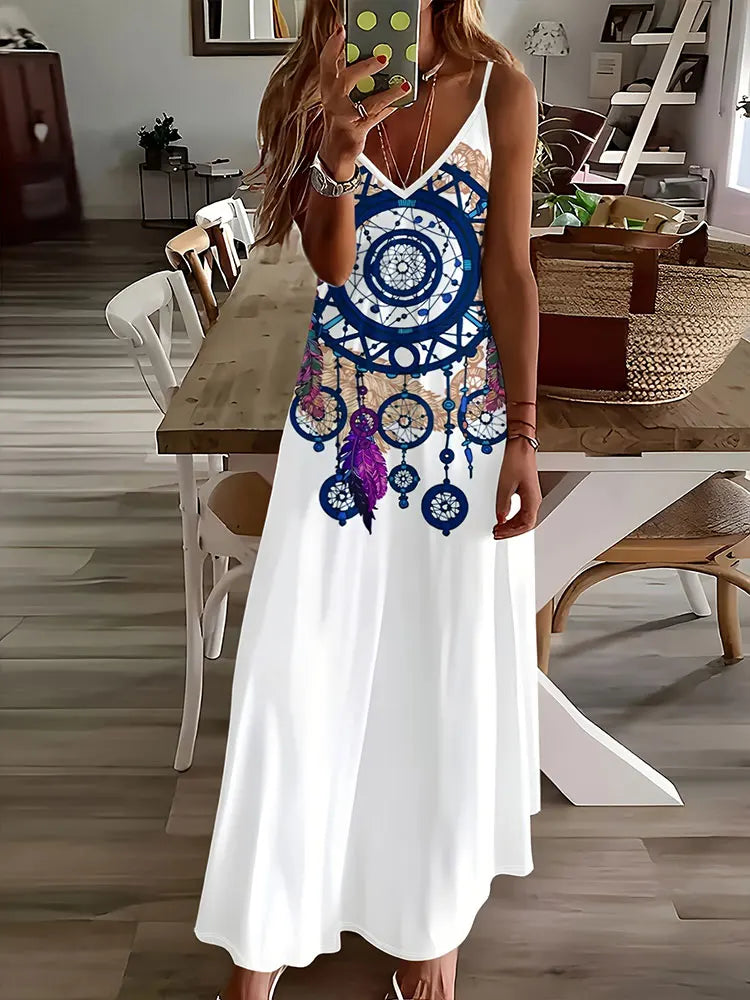 LP | 2024 New Vintage Ethnic Print Ladies Dress Elegant Summer Ladies Dress Casual Sleeveless Road Fashion Ladies Dress Long
