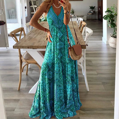 LP | European and American New 2023 Bohemian Style New Strap Long Waist High V-neck Printed Fragmented Dress Floral Women Wea