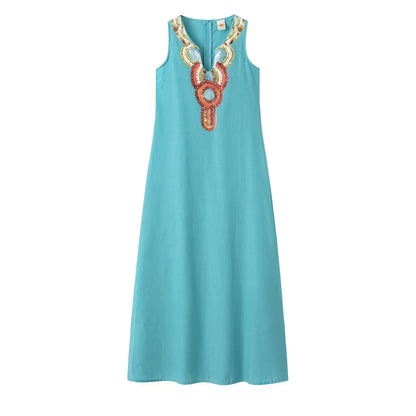 LP | women new casual loose cotton hemp bohemian sexy sleeveless deep V-neck side split dress