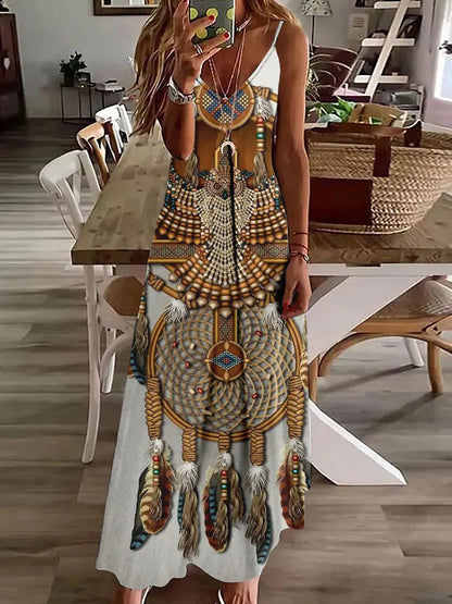 LP | 2024 New 3D Owl Print Vintage Gilet Sleeveless Long Women's Tribal Pattern Spaghetti Strap Dress Summer Long Loose Dresses