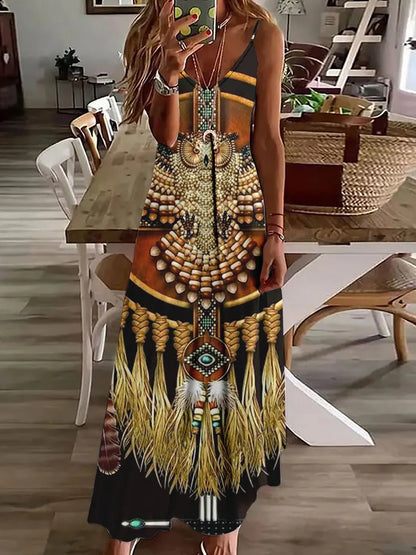 LP | 2024 New 3D Owl Print Vintage Gilet Sleeveless Long Women's Tribal Pattern Spaghetti Strap Dress Summer Long Loose Dresses