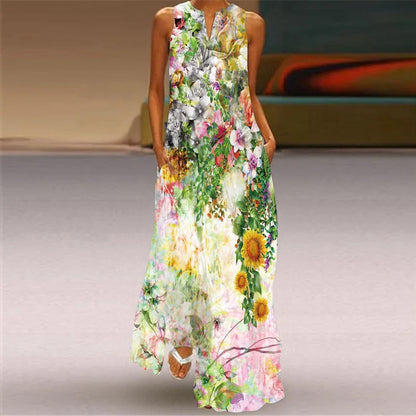 LP | Spring Summer Long Women's Floral Sleeveless Dress Sleeveless Print Loose Elegant Party Dress For Women 2024 Casual Beach Maxi Dress Women's