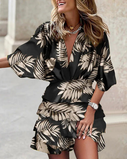 LP | Print cross-border independent station fashion classic explosive autumn bat sleeve hem V hem irregular women dress