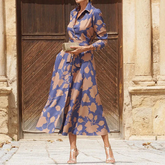 Elegant long dress with V-neck, long sleeves and belt