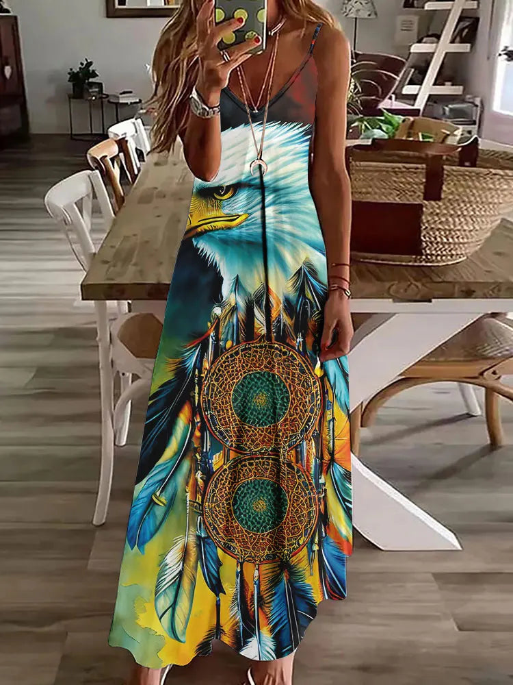 LP | 2024 New 3D Owl Print Vintage Gilet Sleeveless Long Women's Tribal Pattern Spaghetti Strap Dress Summer Long Loose Dresses