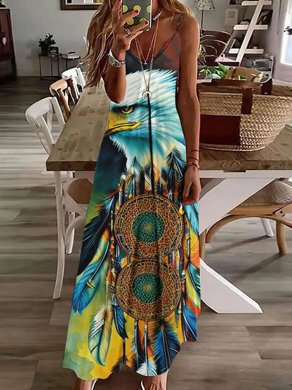 LP | 2024 New 3D Owl Print Vintage Gilet Sleeveless Long Women's Tribal Pattern Spaghetti Strap Dress Summer Long Loose Dresses