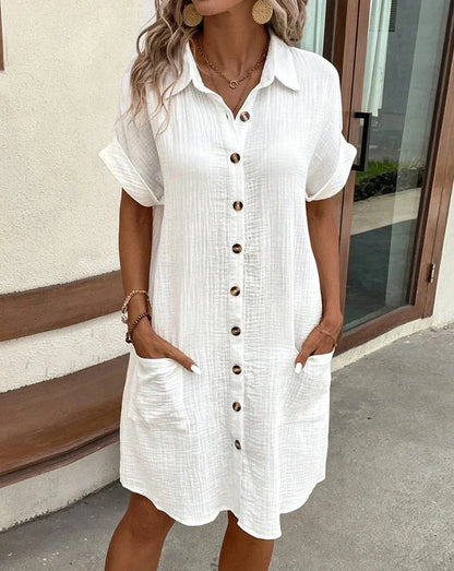 CM | Vintage Women's Plain Mini Dress Summer Fashion V-Neck Three Sleeves Cotton Linen Dress Ladies Casual Holiday Vestidos