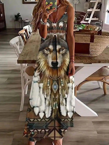 LP | 2024 New 3D Owl Print Vintage Gilet Sleeveless Long Women's Pattern Tribal Spaghetti Strap Dress Summer Long Loose Dresses