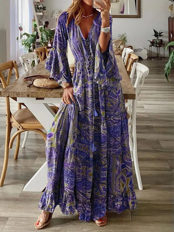 LP | 2023Crossed-edge bohemian-style flared sleeves printed V-neck high waist dress for vacations with floral dress-for-women
