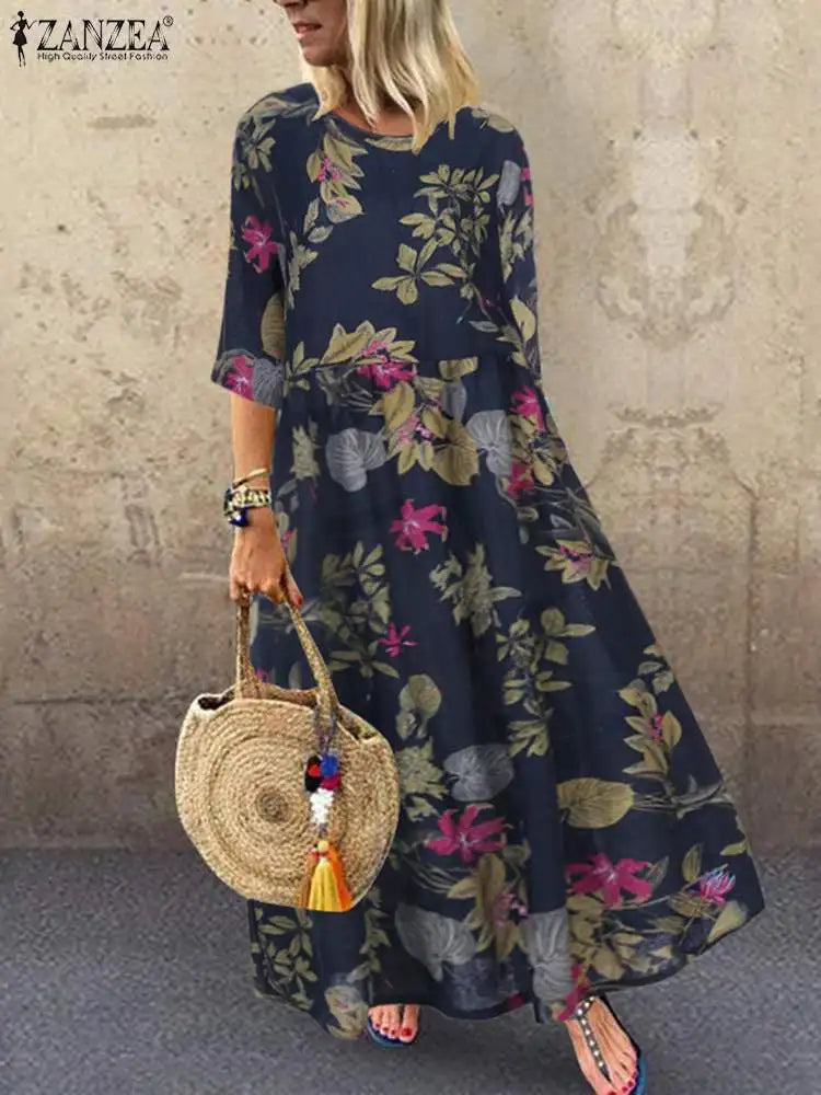 LP | Femme Short Sleeve Sundress ZANZEA Summer Women Printed Floral Bohemian Elegant Casual Oversize Kaftan Holiday Dresses