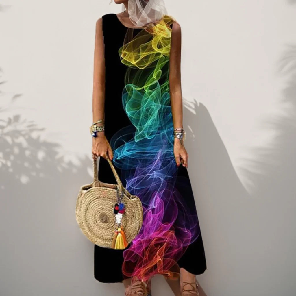 LP | Vintage Floral Printed Women Sleeveless Sundress Summer Loose Casual Beach Long Dress Ladies Bohemia Maxi Dresses Party Vestidos