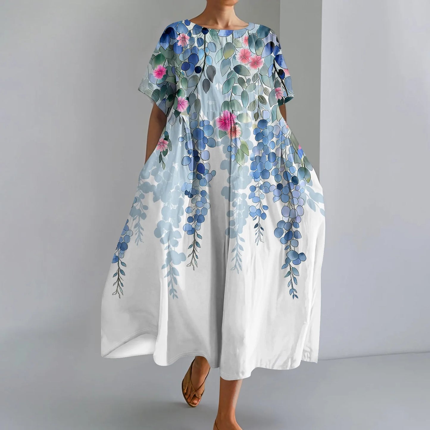 LP | Ladies' Large Sized Floral Printed Fashion Round Neck Short Sleeve Loose Large Pocket Long Dress Beach Comfortable Maxi Skirt