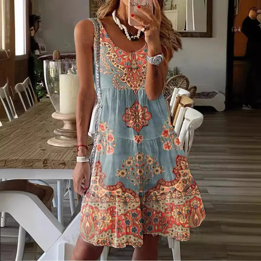 LP | 2024 New summer European-American printed sleeveless v-neck fashion vacation vest dress for women