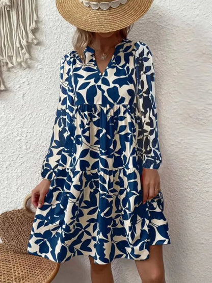 LP | 2024 Women's Summer Elegant V-neck Line Pleated Sundress Boho Print Mini Dress Casual Loose Fit Oversize Beach Sundress