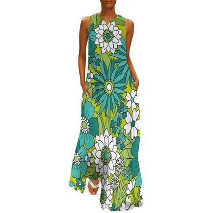 LP | Flower Power Women Dress Summer Print Floral Retro Street Wear Bohemia Long Women's Sleeveless Sexy Maxi Dress Large Size 3XL