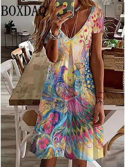 LP | Women's Sundress Midi Dress Short Sleeve Floral Print Summer Casual V Neck Loose Dresses Plus Size 2024 Women's Clothing Vestidos