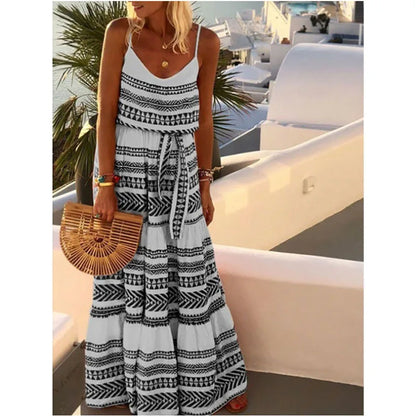 LP | Bohemian Style Print Spaghetti Strap Long Dresses Women's V-neck Leace-up Casual Beach Camisole Dress 2024 Summer New Lady Vestido