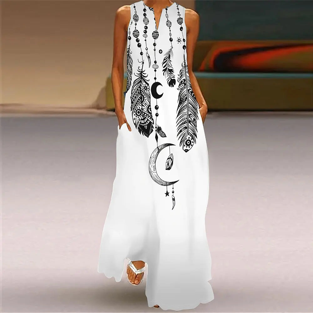 LP | Women's loose-fitting dress Casual summer dress with feather print Women's plus-size dress with v-neck and sleeveless dress Elegant and fashionable evening dress