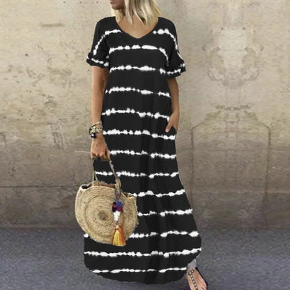 LP | New summer dress V-neck Striped sleeves Printed long dress Large casual dress