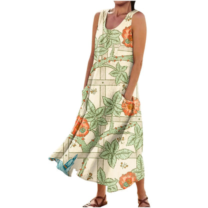 LP | Floral Summer Dress Women Vintage Sleeveless Floral Printed Long Dress Cotton Linen Sundress Baggy Beach Vestido Sarafans