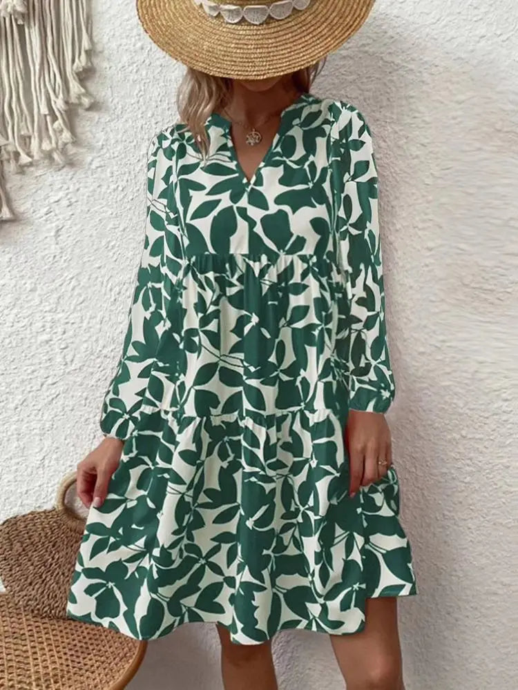 LP | 2024 Women's Summer Elegant V-neck Line Pleated Sundress Boho Print Mini Dress Casual Loose Fit Oversize Beach Sundress