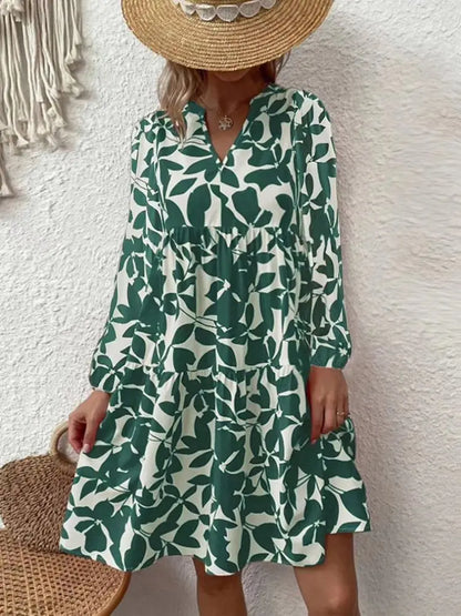 LP | 2024 Women's Summer Elegant V-neck Line Pleated Sundress Boho Print Mini Dress Casual Loose Fit Oversize Beach Sundress