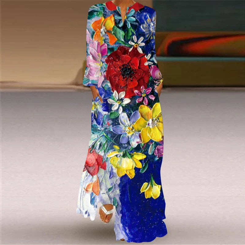 LP | 2024 Women with European and American Cross Borders New V-neck and Long Sleeve Sexy Printed Large Pocket Dress for Foreign Trade