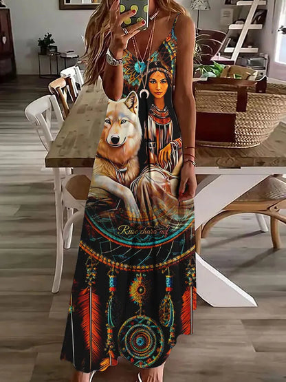 LP | 2024 New 3D Owl Print Vintage Gilet Sleeveless Long Women's Pattern Tribal Spaghetti Strap Dress Summer Long Loose Dresses