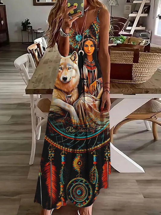 LP | 2024 New 3D Owl Print Vintage Gilet Sleeveless Long Women's Pattern Tribal Spaghetti Strap Dress Summer Long Loose Dresses