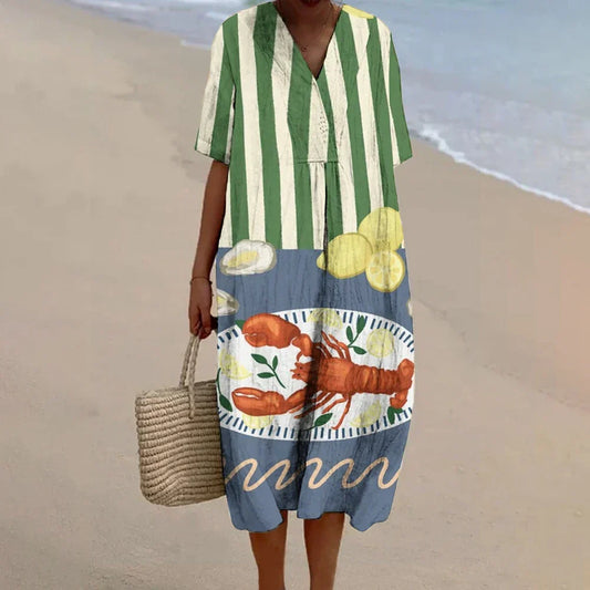 LP | Women's crab-printed dress Summer cotton sewing dress Boho cotton vacation dresses Women's 2024 Luxury Hawaii beach dresses
