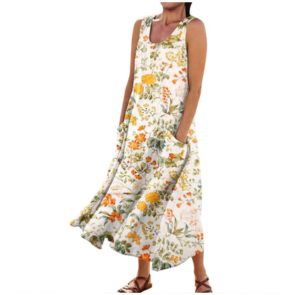LP | Women's Boho Floral Printed Beach Long Dress Fashion Round Neck Suspender Dresses Elegant Casual Loose Comfortable Dress 2024