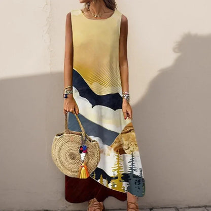 LP | Vintage Floral Printed Women Sleeveless Sundress Summer Loose Casual Beach Long Dress Ladies Bohemia Maxi Dresses Party Vestidos