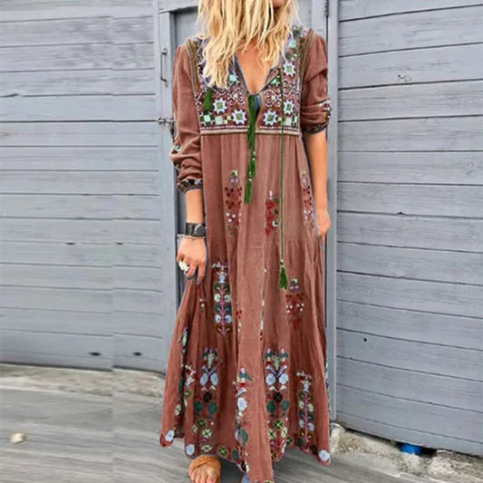 LP | Long Dress for Women 2023 Fall Beach Bohemian Dresses Casual Robe Women's Clothing Y2K Floral Skirt Elegant Maxi Dress