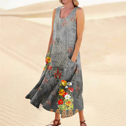LP | Women's casual retro summer dresses Beach cover-ups with pockets Plus Size Cotton loose linen T-shirt Long beach dress