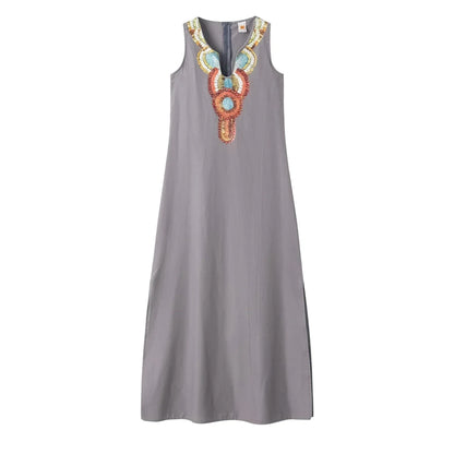 LP | women new casual loose cotton hemp bohemian sexy sleeveless deep V-neck side split dress