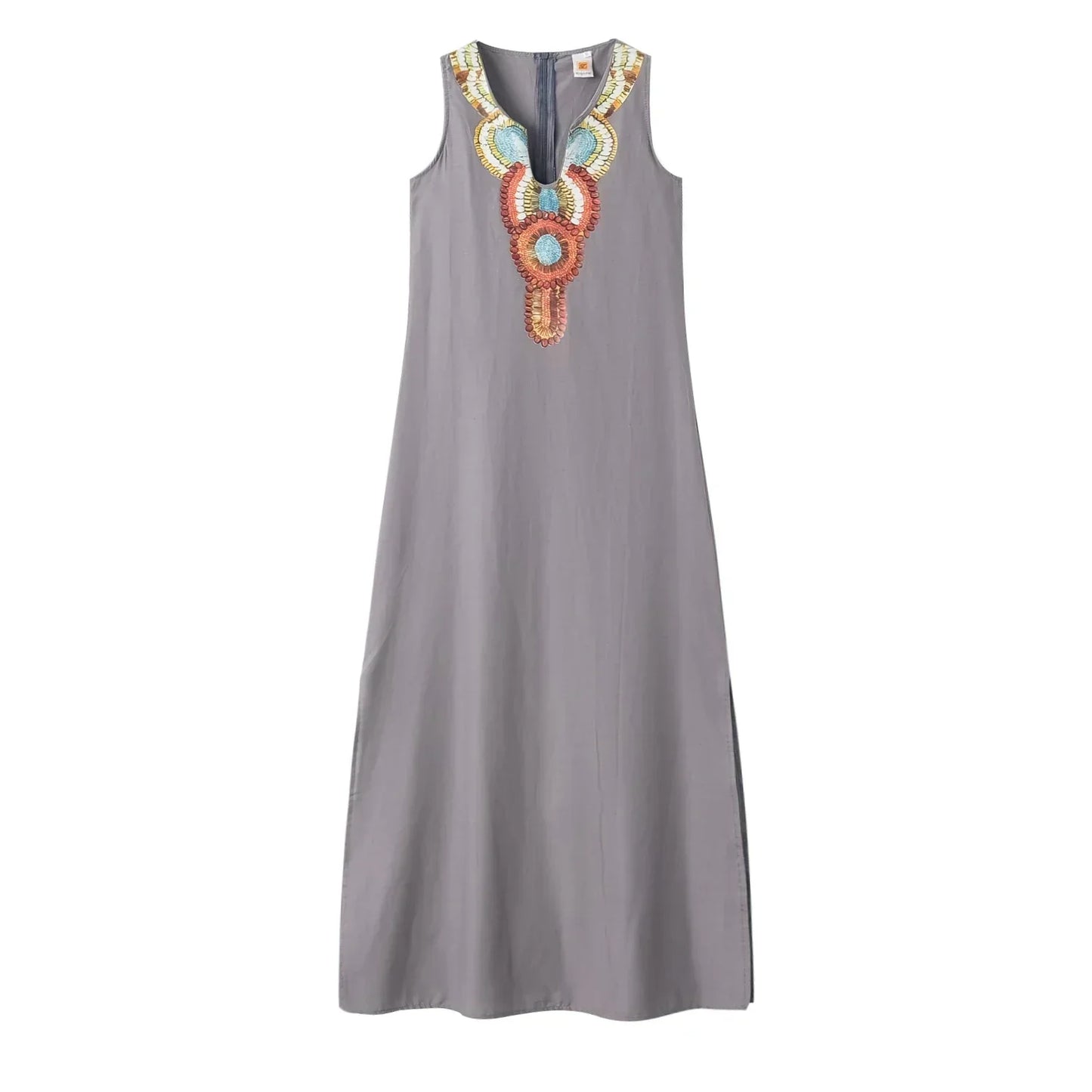 LP | women new casual loose cotton hemp bohemian sexy sleeveless deep V-neck side split dress