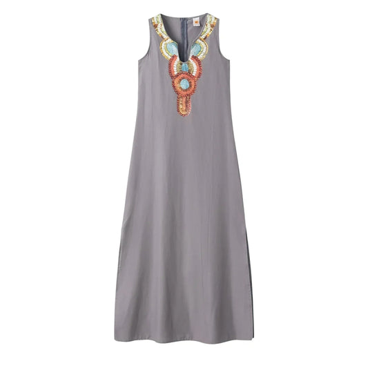 LP | women new casual loose cotton hemp bohemian sexy sleeveless deep V-neck side split dress