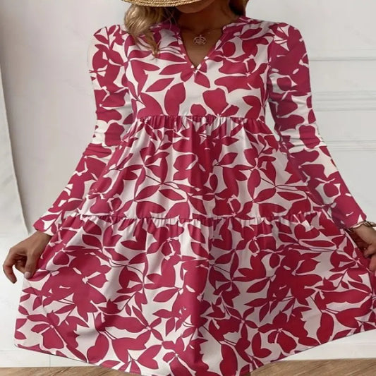 LP | 2024 Women's Summer Elegant V-neck Line Pleated Sundress Boho Print Mini Dress Casual Loose Fit Oversize Beach Sundress