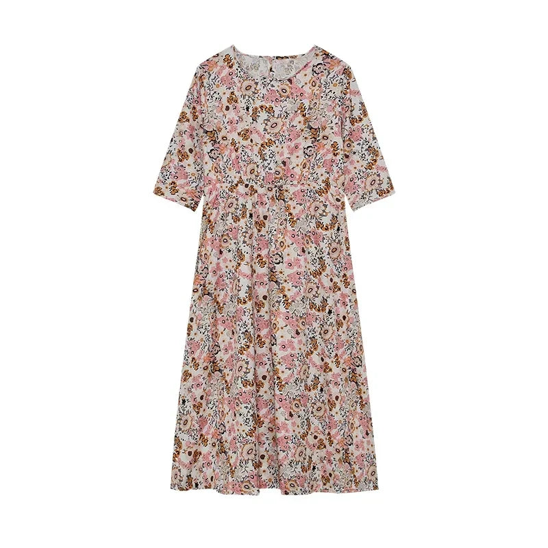 LP | 2024 Boundary Cross Spring and Summer Printed Round Neck Covered Head Mid Sleeves Loose Casual Bag in a Long Dress