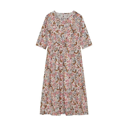 LP | 2024 Boundary Cross Spring and Summer Printed Round Neck Covered Head Mid Sleeves Loose Casual Bag in a Long Dress