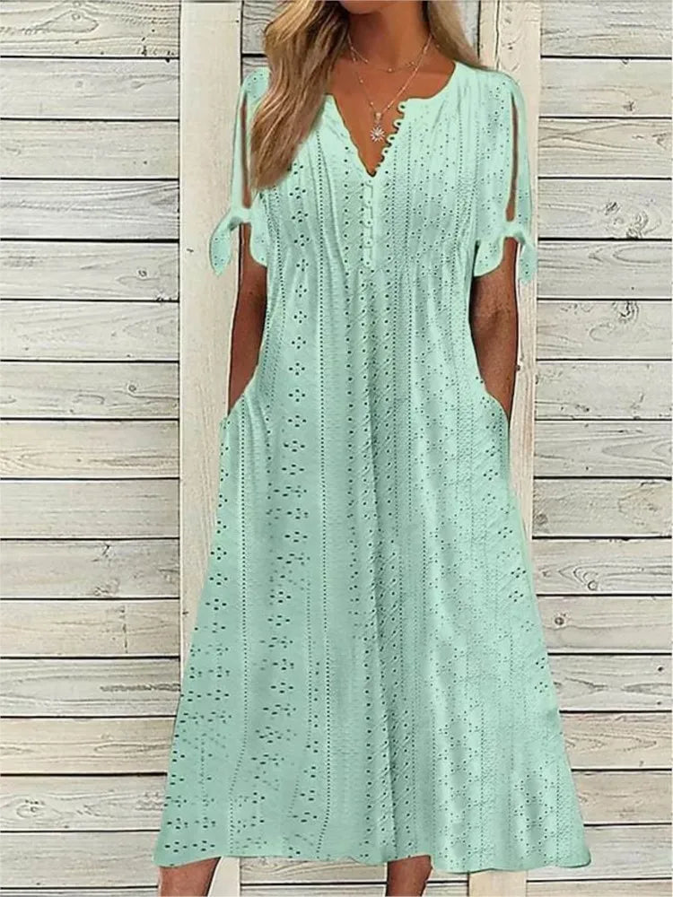 LP | Summer Color Solid Women's Short Sleeve Dresses Fashion Sexy Hollow V Neck Lace Ruffle Casual Simple Women's Beach Vacation Dress