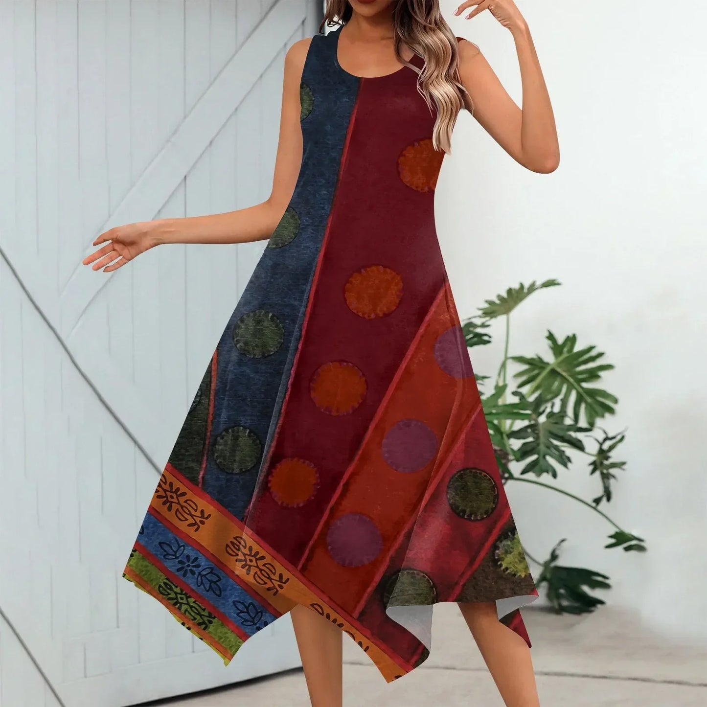 LP | Women's Casual Fashion Round Neck Sleeveless Print Hem Irregular Midi Dress Elegant Women's Summer Dresses 2024