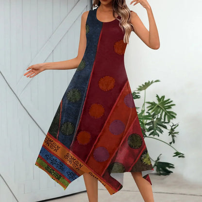 LP | Women's Casual Fashion Round Neck Sleeveless Print Hem Irregular Midi Dress Elegant Women's Summer Dresses 2024