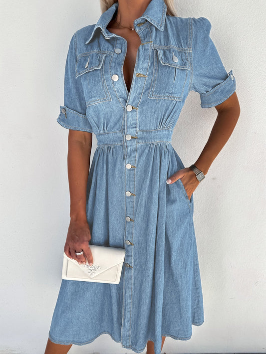 Professional Denim dress: plain patchwork, turned-up collar, high waist, short sleeves, blue. Normal fit