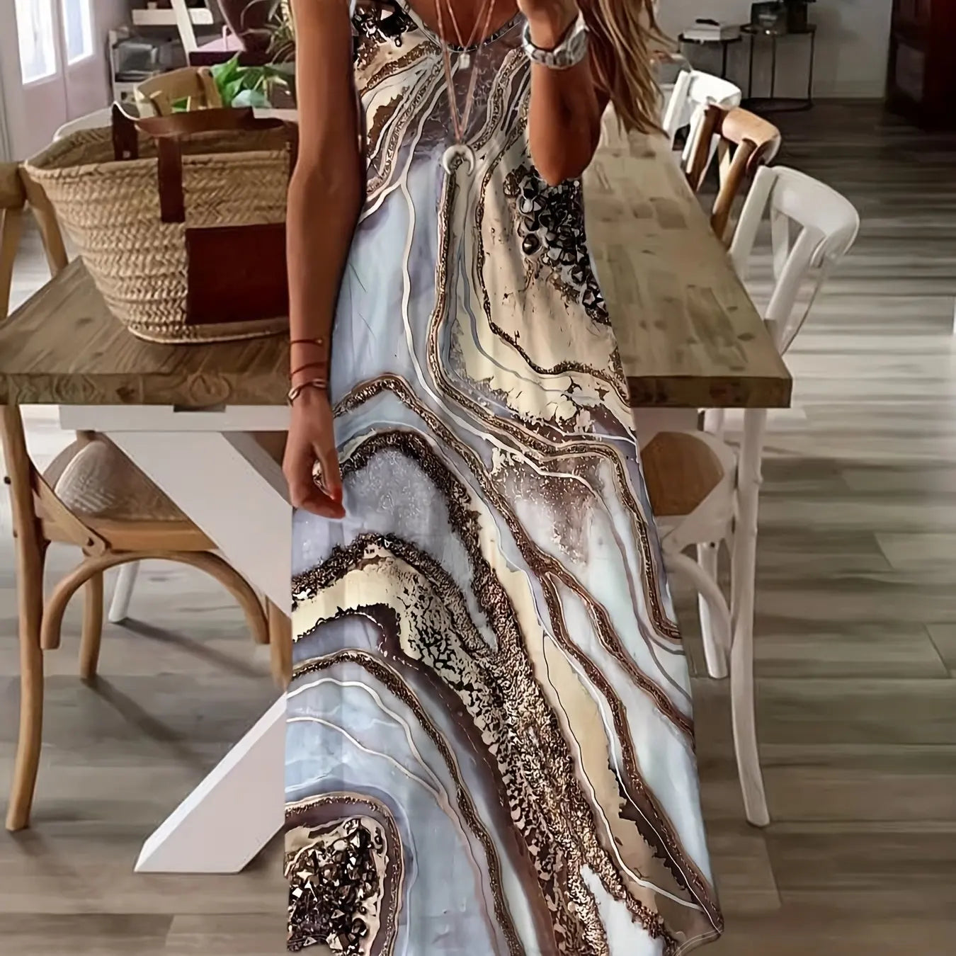 LP | Fresh geometric print V-neck Long Dress for suspenders Summer vacation Ankle length Beach and sea Dress for suspenders