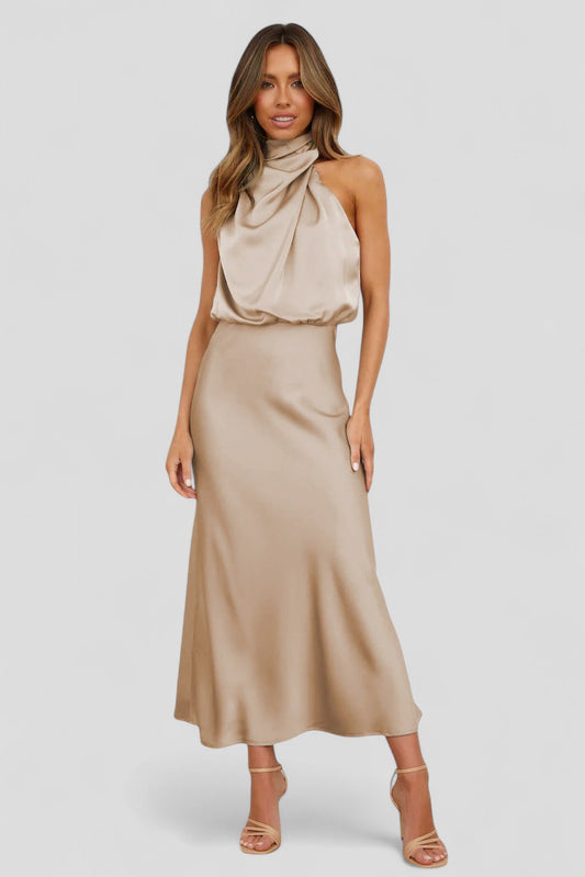 Elegant long dress with crossed halterneck neckline