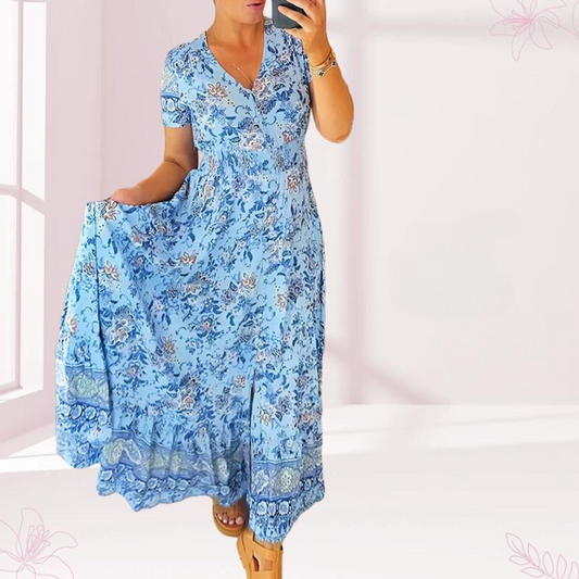 Mc | Long casual dress with floral pattern and ruffling at waist with V-neckline