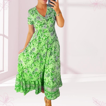 Mc | Casual long dress with floral pattern and ruched waist with V-neckline