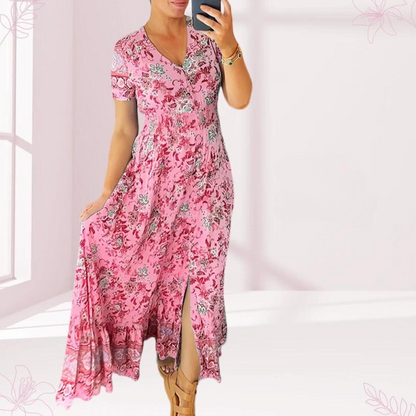 Mc | Long casual dress with floral pattern and ruffling at waist with V-neckline