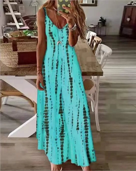 LP | Maxi Dresses Spaghetti Strap Printed Casual for Women V-neck Backless A-Line Long Dress Fashion Bohemian Style Beach Vestidos